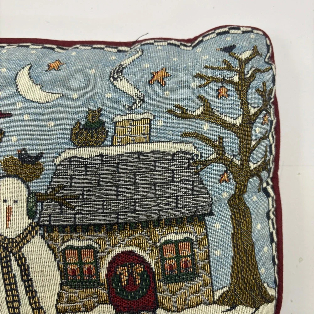 Vintage Woven Tapestry Snowman Winter Cottage Decorative Accent Pillow Burgundy